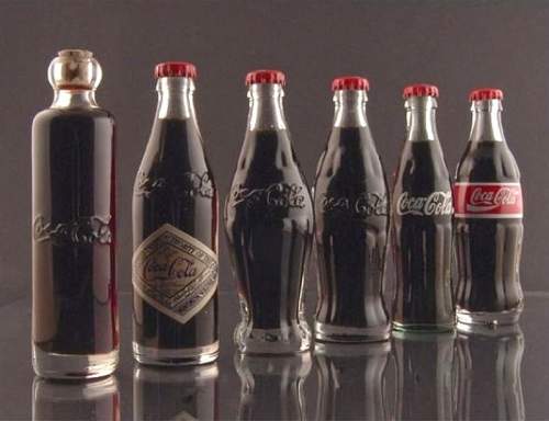 Эволюция бутылки Coca-Cola (слева-направо: 1899, 1900, 1915, 1916, 1957, 1986 годы).