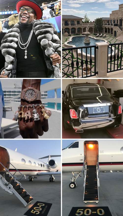 Флойд Мейвезер демонстрирует свою шубу из шиншиллы за 100 000 долларов, новый особняк в Майами, часы с бриллиантами, браслеты, Rolls-Royce и частный самолет, которые он получил в качестве ?подарков на день рождения?